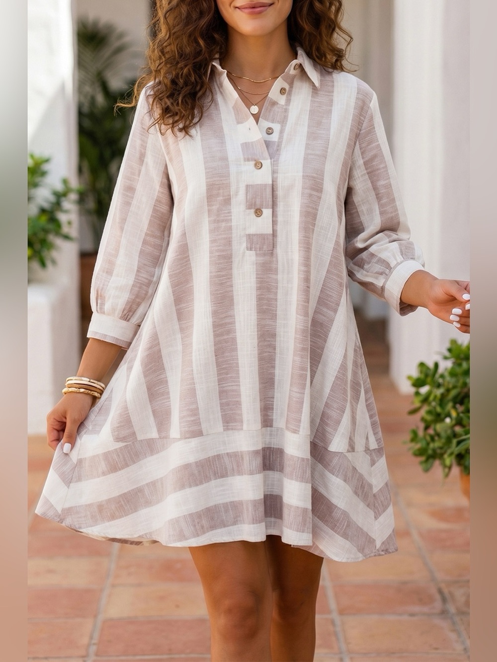 Striped Button-Up Three-Quarter Sleeve Shift Dress